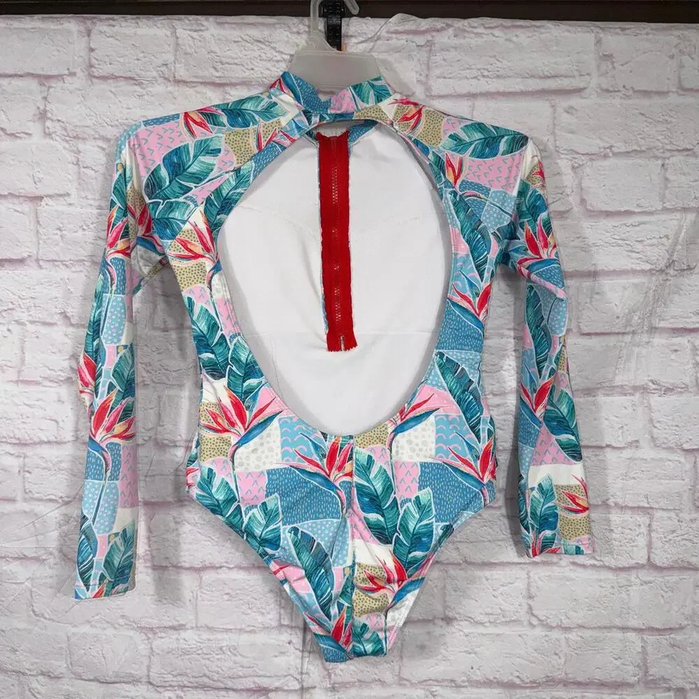 Tropical Print Medium Long Sleeve One-Piece Swimsuit